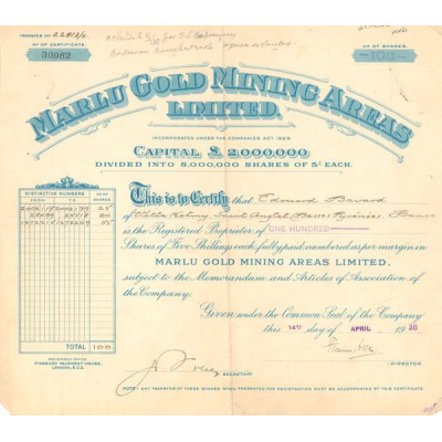 Marlu Gold Mining Areas Ltd (Titre 100 Act 5 £)