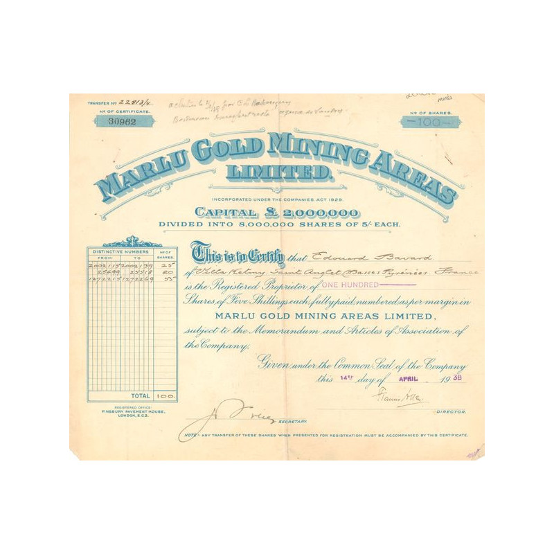 Marlu Gold Mining Areas Ltd (Titre 100 Act 5 £)