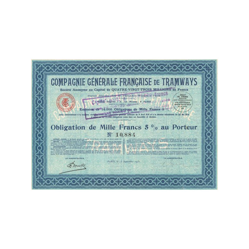 Cie Gale Française de Tramways (Obl 1000 F 5%)