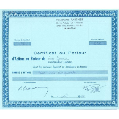 Vêtements Partner (Certif d'Act 500 F)