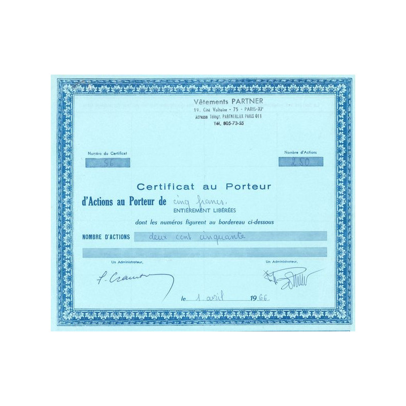 Vêtements Partner (Certif d'Act 500 F)