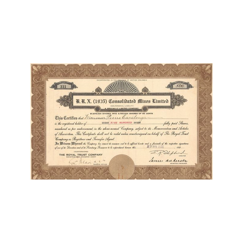 B.R.X. (1935) Cld Mines Ltd (Titre 500 Act 0.50 c)