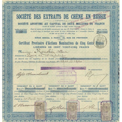 Sté des Extraits de Chêne en Russie (Certif Provis Nomin Act 500 F)