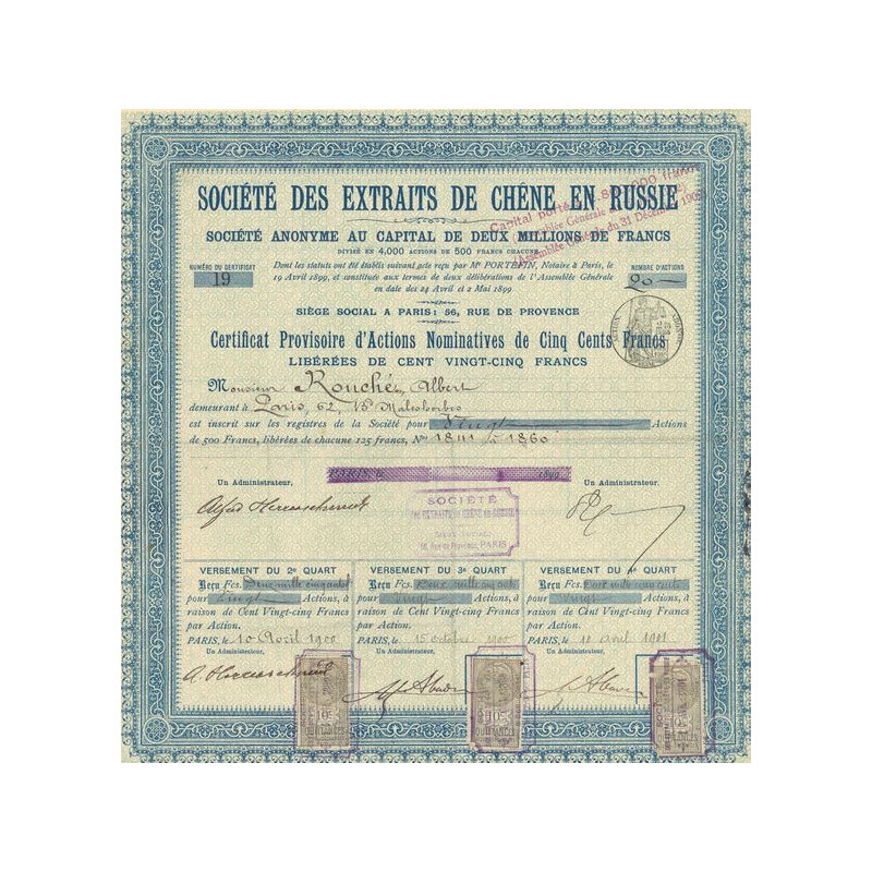 Sté des Extraits de Chêne en Russie (Certif Provis Nomin Act 500 F)