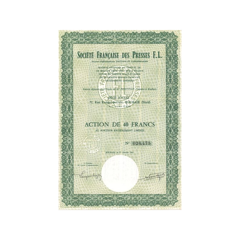 Sté Française des Presses F.L. - Anc Est FOULONT et LANGENHAGEN (Act 40 F)