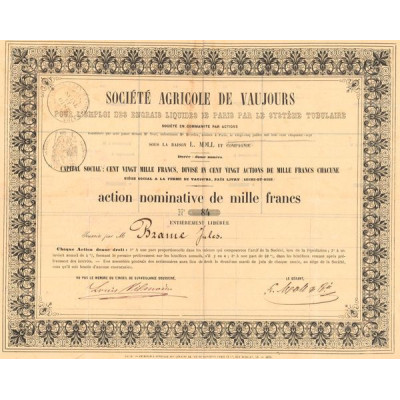 Sté Agricole de Vaujours pour l'Emploi des Engrais Liquides de Paris par le Système Tubulaire (Act Nomin 1000 F)