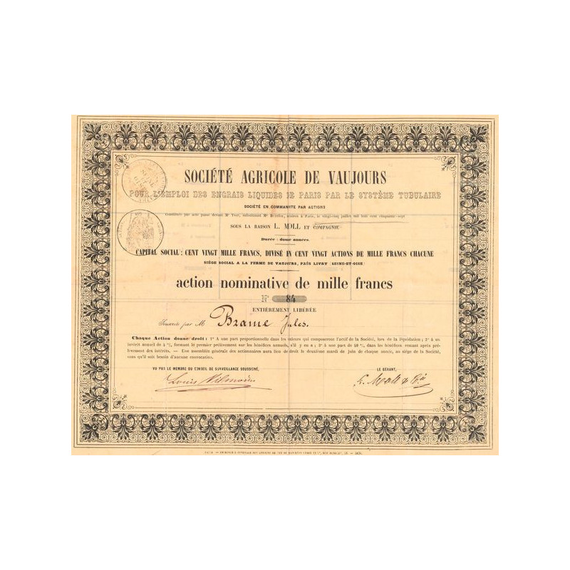 Sté Agricole de Vaujours pour l'Emploi des Engrais Liquides de Paris par le Système Tubulaire (Act Nomin 1000 F)