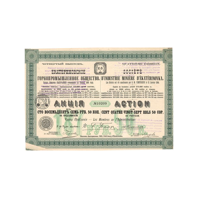 Sté d'Industrie Minière d'Ekatérinovka - Act 187.50 Rb - 1901