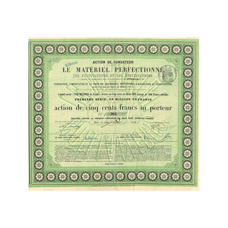 Le Matériel Perfectionné des Cultivateurs et des Horticulteurs (Act de Fondateur 500 F)