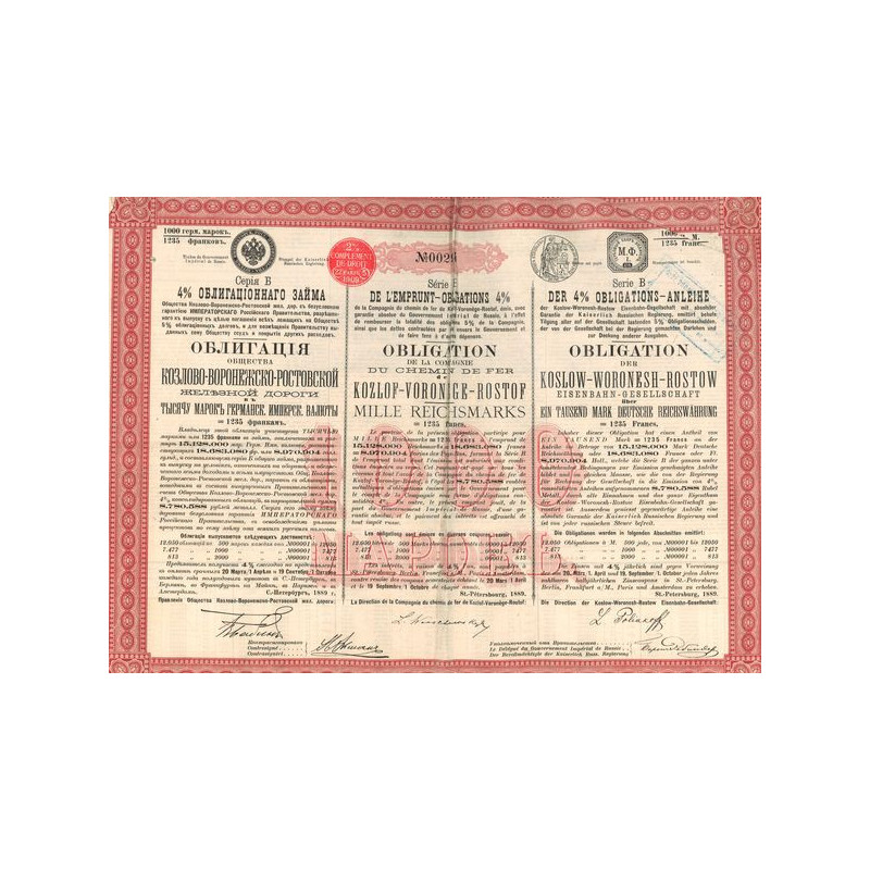 Cie du Chemin de Fer de Kozlof-Voronège-Rostof (1000 Reichsmarks)