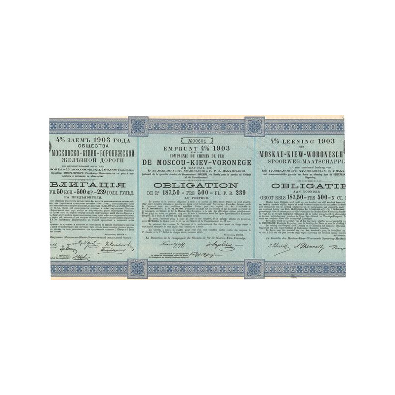 Emprunt 4% 1903 de la Cie de Chemins de Fer Moscou-Kiev-Voronège (Obl 4% 187.5 Rbls)