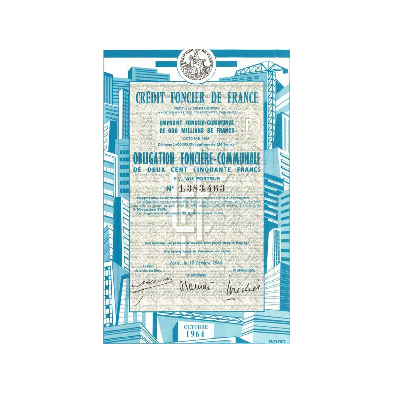 Crédit Foncier de France - Emprunt Foncier Communal de 600 Millions de Francs (Obl 250F) Bleu