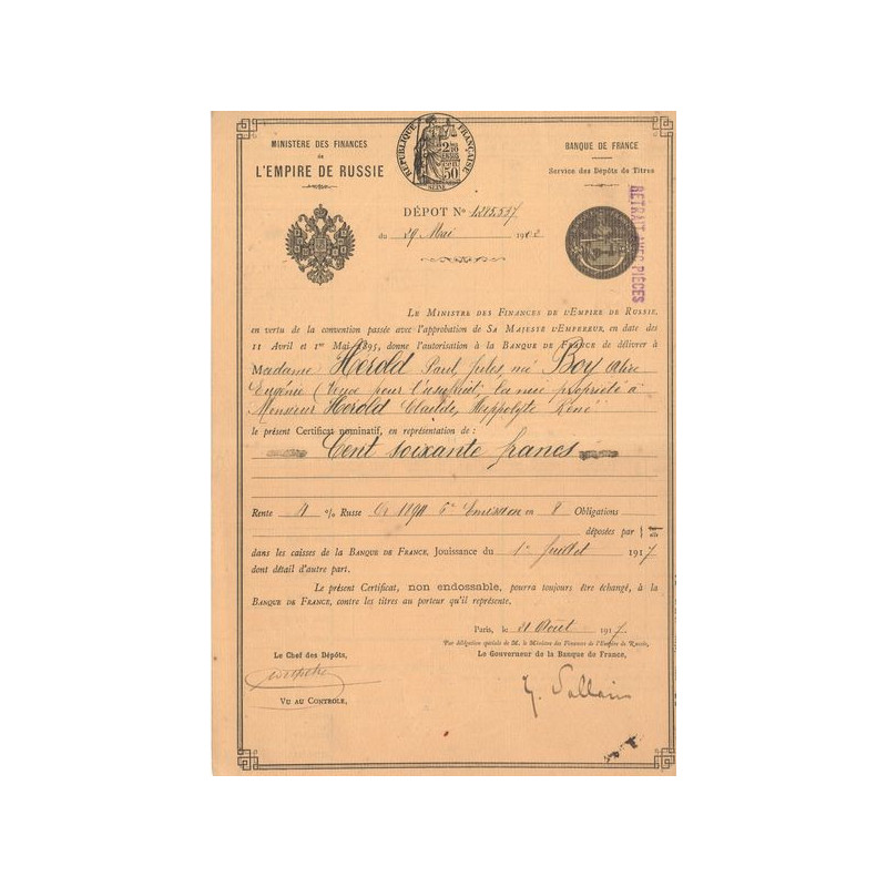 Ministère des Finances de l'Empire de Russie (Certif Nomin)