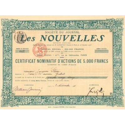 Sté du Journal Les Nouvelles (Certif Nomin de 5000F)