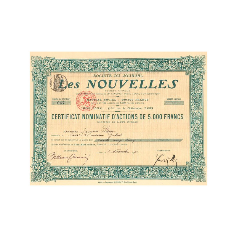 Sté du Journal Les Nouvelles (Certif Nomin de 5000F)