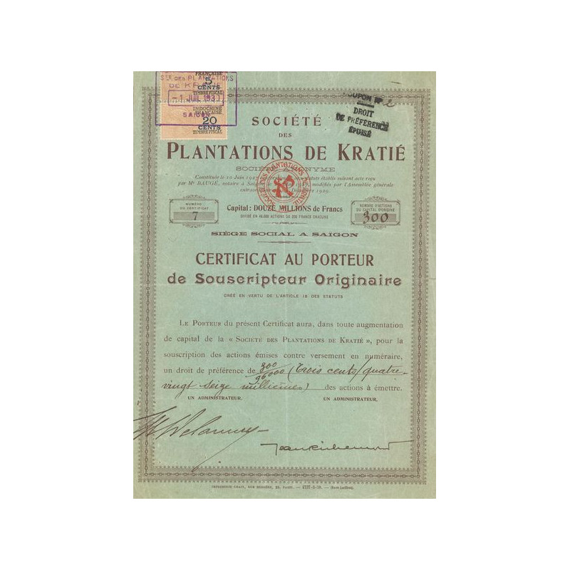 Sté des Plantations de Kratié (Certif Nomin)