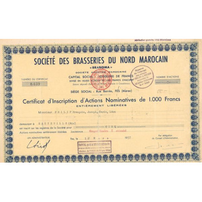 Sté des Brasseries du Nord Marocain "BRANOMA" (Certif d'Inscription d'Act de 1000F)