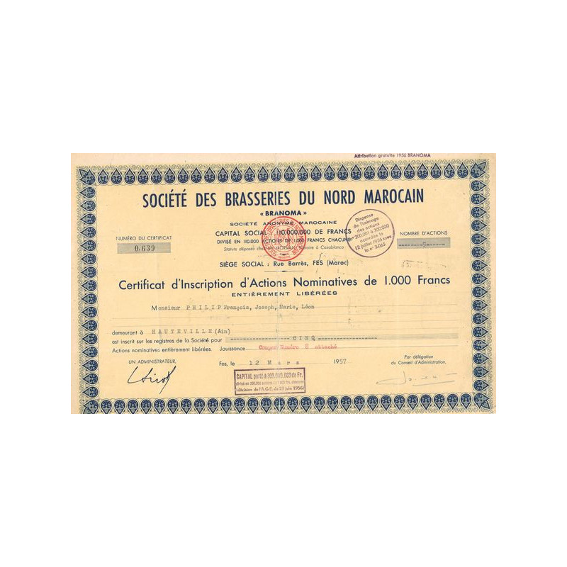 Sté des Brasseries du Nord Marocain "BRANOMA" (Certif d'Inscription d'Act de 1000F)
