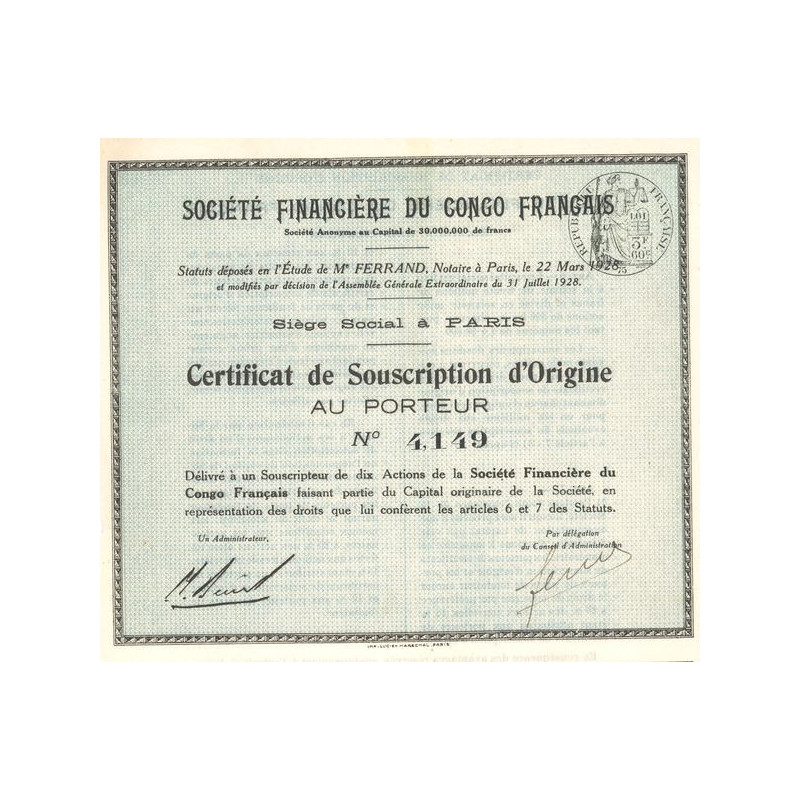 Sté Financière du Congo Français (Certif de Souscription d'Origine)