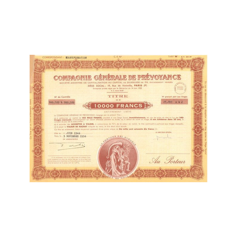 Cie Gale de Prévoyance (Titre de 10000F)