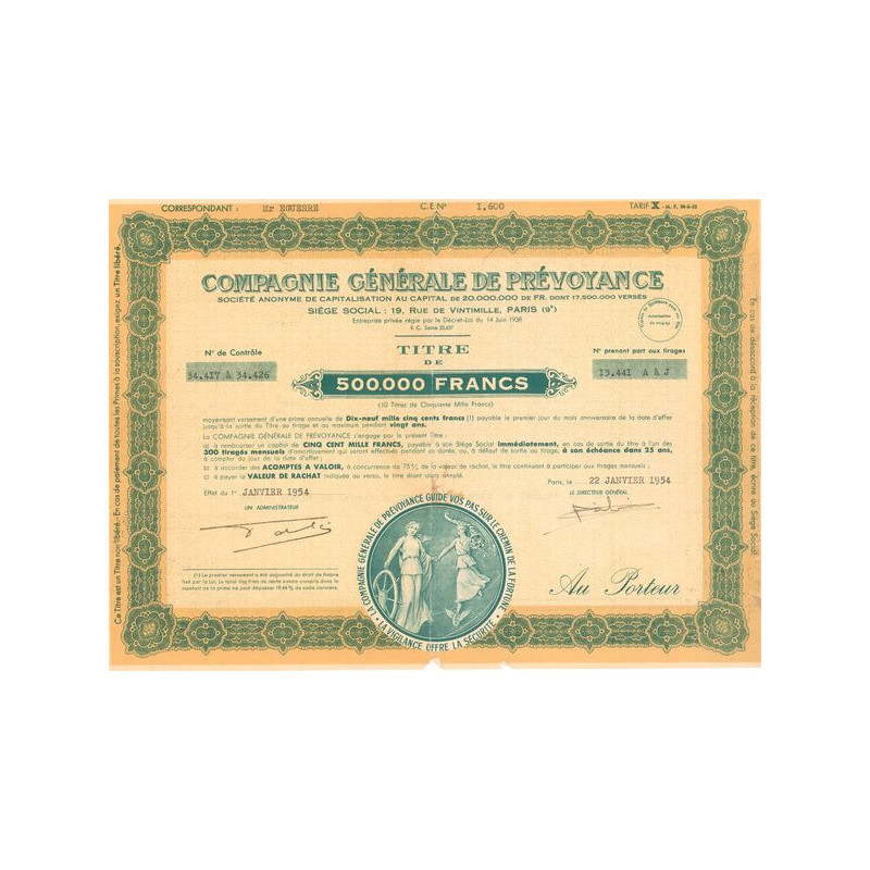 Cie Gale de Prévoyance (Titre de 500 000F)