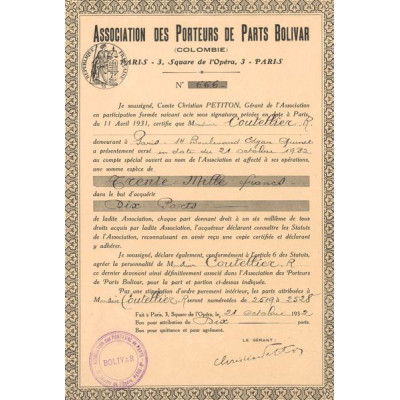 Association des Porteurs de Parts Bolivar (Colombie) (Certif Nomin)