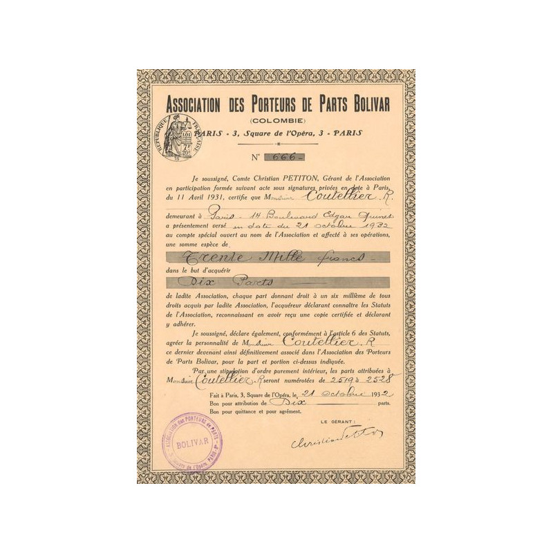 Association des Porteurs de Parts Bolivar (Colombie) (Certif Nomin)