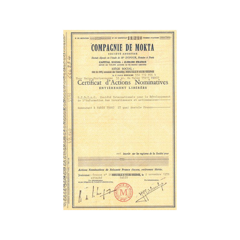 Cie de Mokta (Certif Nomin)