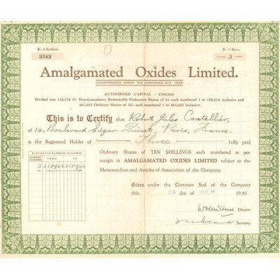 Amalgamated Oxides Ltd (Certif Nomin)
