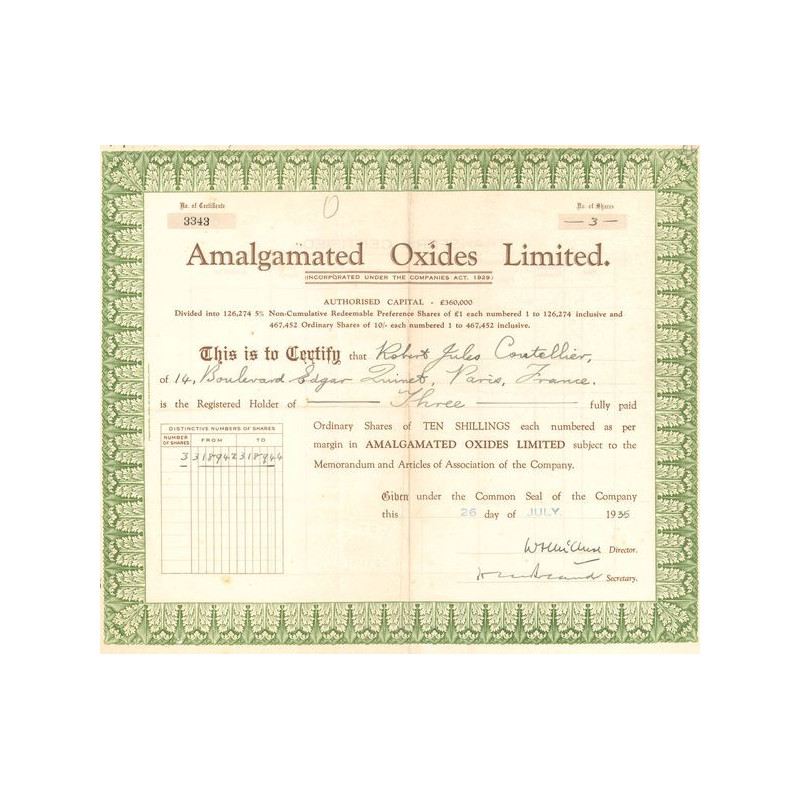 Amalgamated Oxides Ltd (Certif Nomin)