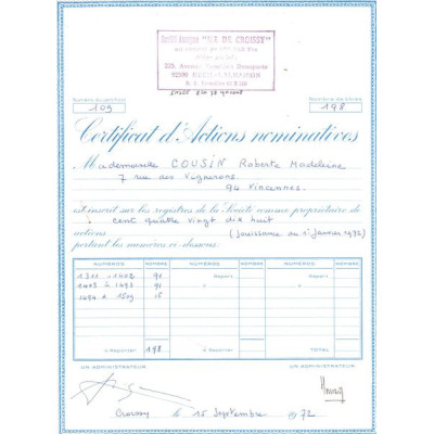 S.A "Ile de Croissy" (Certif Nomin)