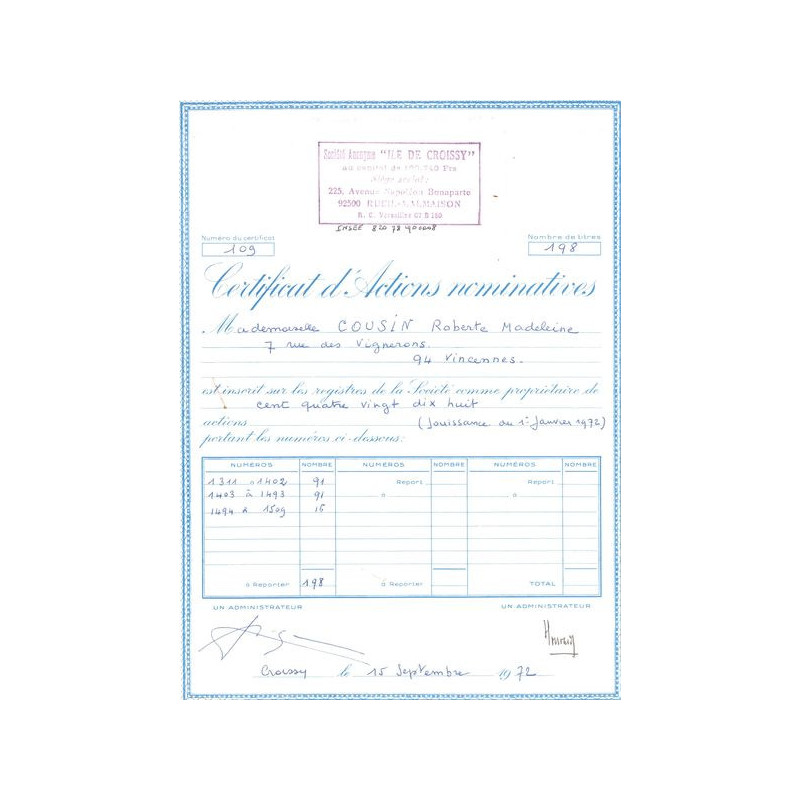 S.A "Ile de Croissy" (Certif Nomin)