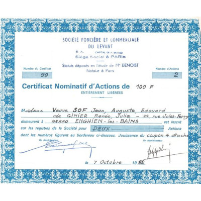 Sté Foncière et Commerciale du Levant (Certif Nomin)