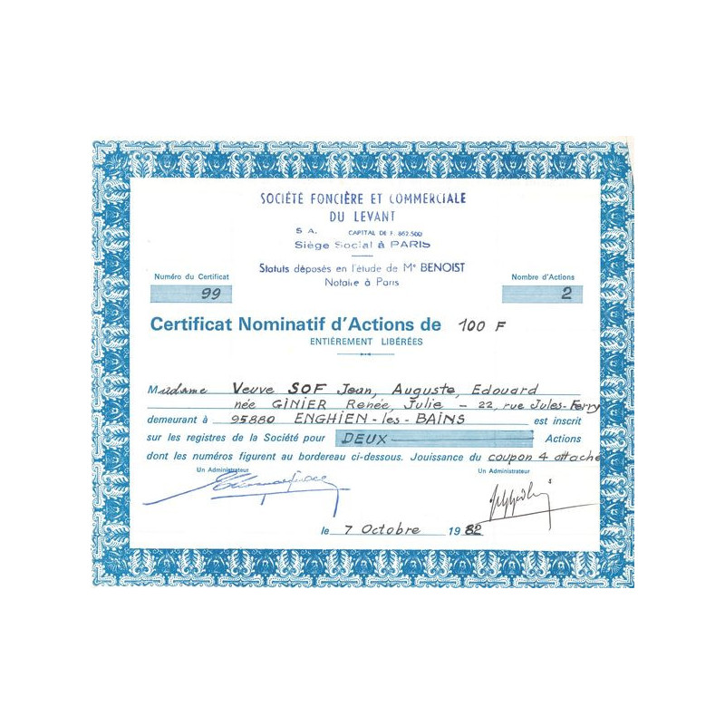 Sté Foncière et Commerciale du Levant (Certif Nomin)