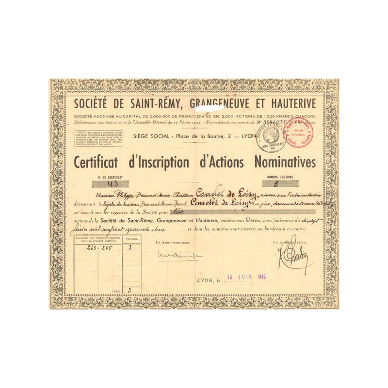 Sté de Saint-Rémy Grangeneuve et Hauterive (Certif Nomin)