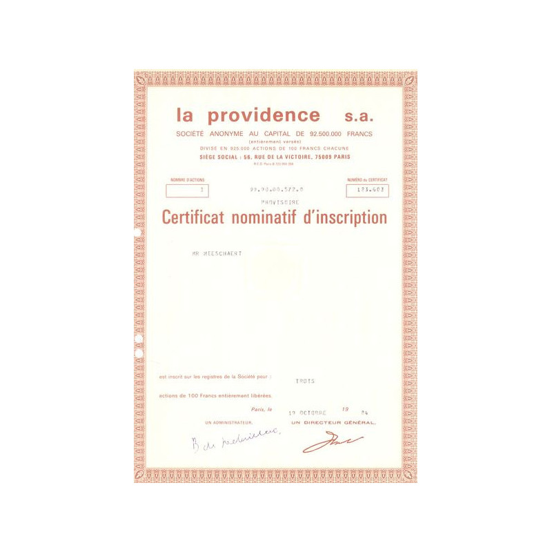 La Providence S.A (Certif Nomin)