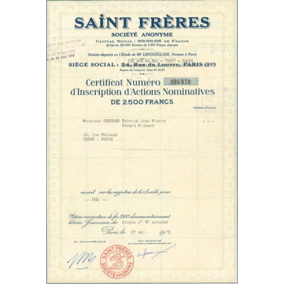 Saint Frères (Certif Nomin de 2500F)