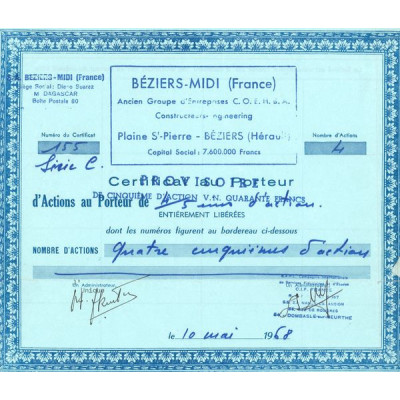 Béziers Midi (France) Anc Groupe d'Entreprises C.O.E.H.B.A. Constructeurs-Ingineering (Certif Nomin)