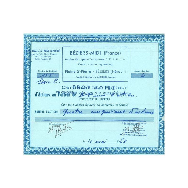 Béziers Midi (France) Anc Groupe d'Entreprises C.O.E.H.B.A. Constructeurs-Ingineering (Certif Nomin)