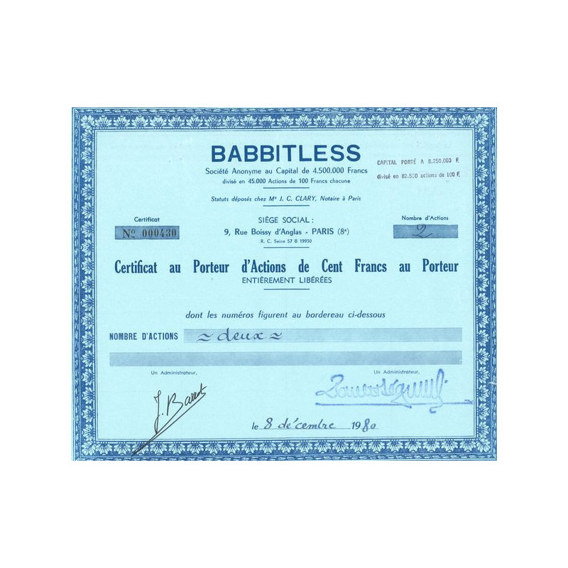 Babbitless (Certif Nomin de 100F)