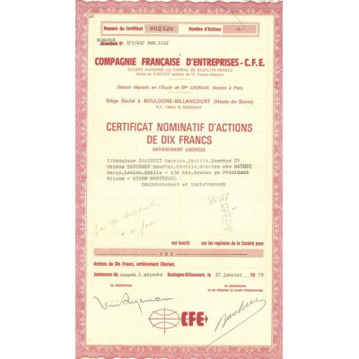 Cie Française d'Entreprises - C.F.E. (Certif Nomin de 10NF)