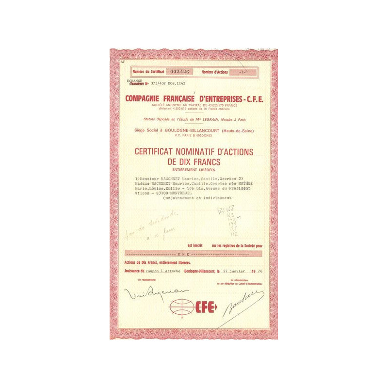 Cie Française d'Entreprises - C.F.E. (Certif Nomin de 10NF)