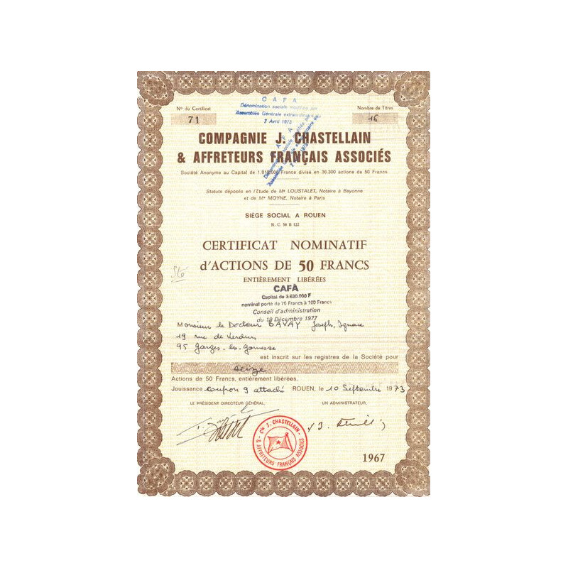 Cie J.Chastellain & Affreteurs Français Associés (Certif Nomin de 50NF)
