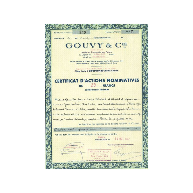 Gouvy & Cie (certif Nomin de 25F)