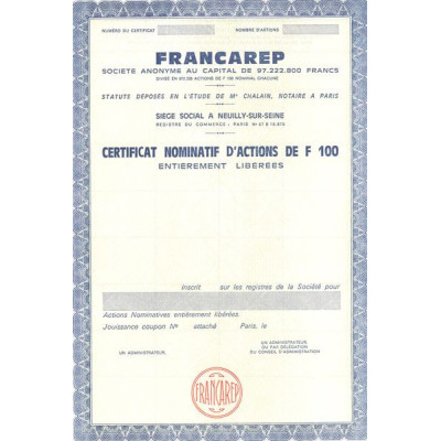 Francarep (Certif Nomin de 100F)