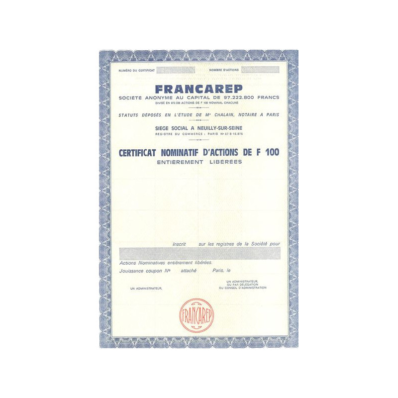 Francarep (Certif Nomin de 100F)