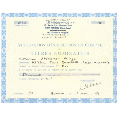 Sté d'Hygiène Le Negri-Pipoz (Certif Nomin)