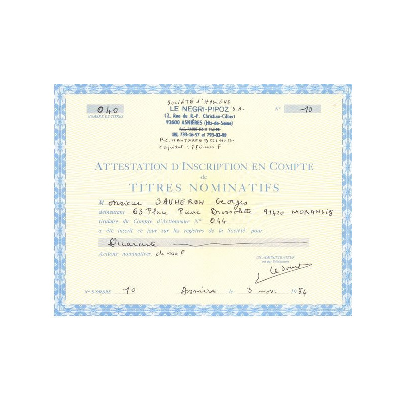 Sté d'Hygiène Le Negri-Pipoz (Certif Nomin)