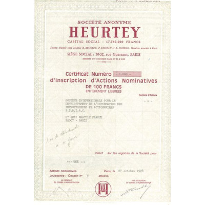 S.A Heurtey (Certif Nomin de 100F)