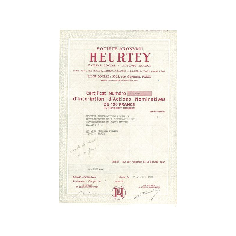 S.A Heurtey (Certif Nomin de 100F)
